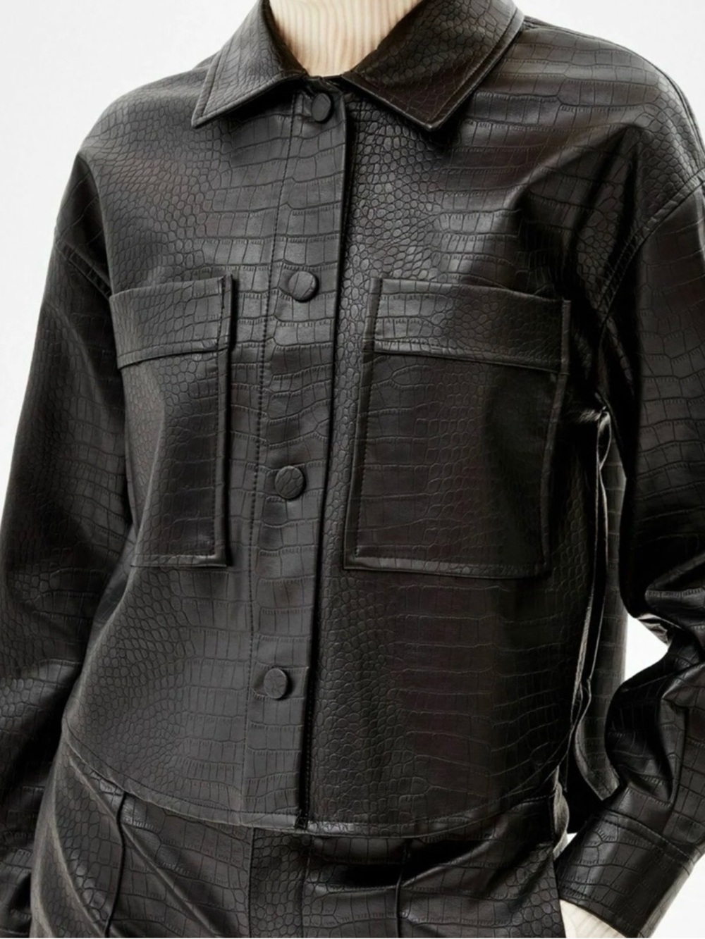 Matching Set Black Faux Croc Leather Button-Front Shirts + Mid Rise Pants